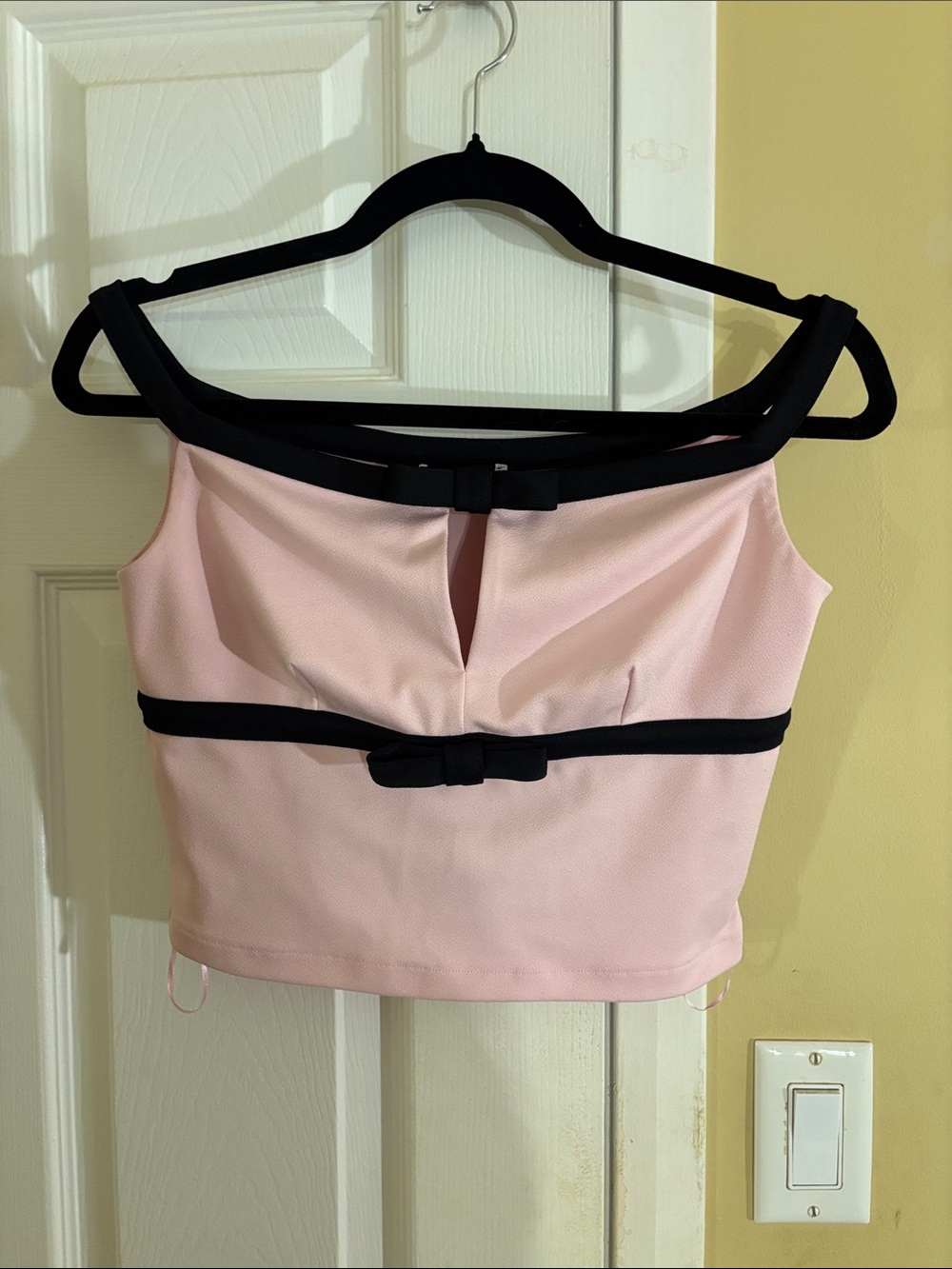 Zara Pink Off-Shoulder Crop Top with Black Trim and Bow